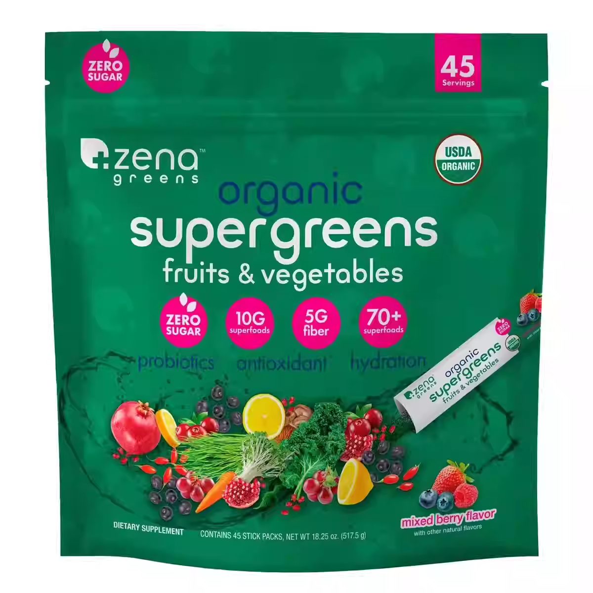 Zena Organic Natural Dietary Fiber Fruit and Vegetable Powder Probiotic Superfood 45 Bags 517.5
