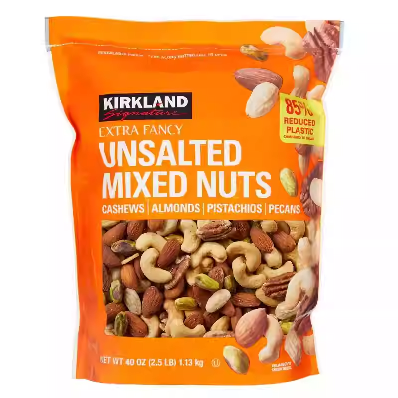 Kirkland mixed nuts; a leisure snack of mixed nuts kernels, 1.13kg.