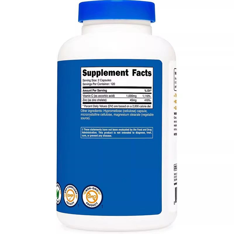 Nutricost Adult Vitamin C Zinc Supplement Capsules 240 Pills