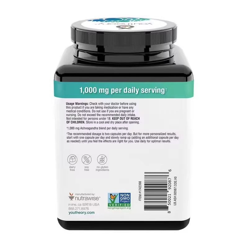 Youtheory Ashwagandha Indian Ginseng Extract Capsules Supplement Nutrition 180 Pills