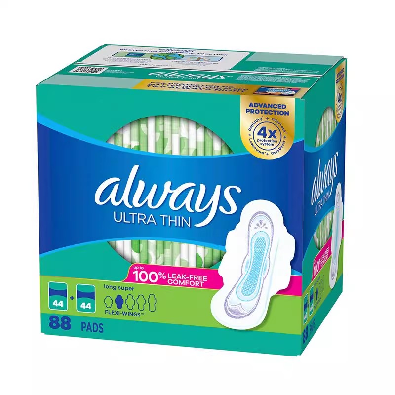 Always Ultra Thin Overnight Pads with Wings, Narrow Front, Wide Rear, Fluoride-Free, 88