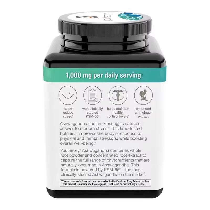 Youtheory Ashwagandha Indian Ginseng Extract Capsules Supplement Nutrition 180 Pills