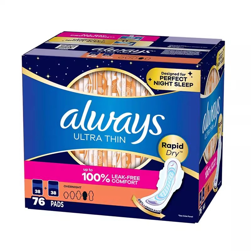 Always Ultra Thin Overnight Pads with Double Protection, 76 Count