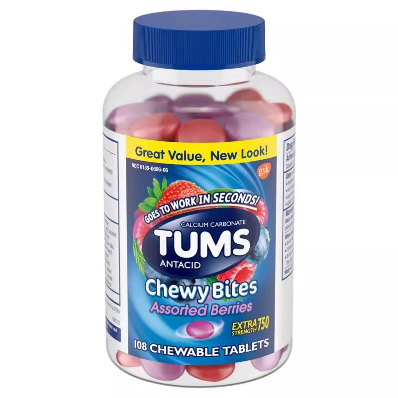 TUMS Antacid Calcium Carbonate Chewable Tablets for Adults, 750 mg Fruit Flavor, 108